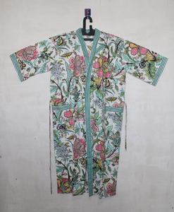 Bata Kimono con Estampado de Dibujos Animados para Mujer, 100% Algodón, Suave y Transpirable, Camisón de Verano Hecho a Mano, Cuello en V, Cintura Elástica, Largo Completo - Product Image 1