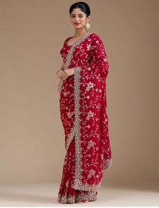 Sari en georgette KV pour femme avec broderie Zari (dorée) et chemisier non cousu - Product Image 3