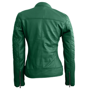 Women's Green <b>Leather</b> Motorcycle <b>Jacket</b> Quilted Stand Collar Full Sleeve Zipper Closure Solid Color Autumn Wear - Product Image 2