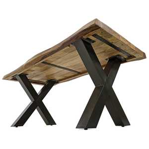 Mesa de comedor de estilo europeo con base de metal industrial en forma de X, tablero de madera maciza de mango con borde natural y acabado mate, estilo rústico y natural. - Product Image 6