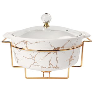 Buffet rectangulaire triple en céramique blanche avec support en fil doré et porte-bougies chauffe-plat, disponible à prix de gros. - Product Image 2