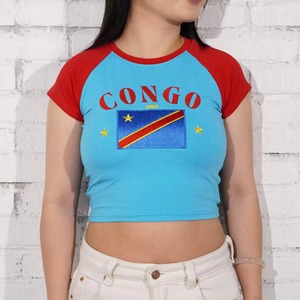 Women's Summer Short-Sleeved T-Shirt with Customized Embroidery Y2K Print Pattern Slim Fit Color Block Raglan Crop <b>Top</b> for Girls - Product Image 3