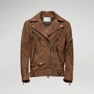 Women's Brown Suede Moto Jacket Turn-<b>Down</b> Collar Zipper Closure Full Sleeve Autumn Wear Regular Fit - Product Image 3