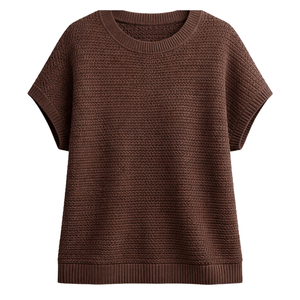 Haut en maille à épaules dégagées pour femme, à manches courtes, texturé, pull d'été décontracté, coupe ample, respirant, pull tendance - Product Image 1