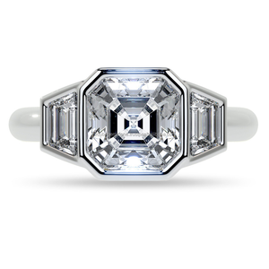 นําเสนอแหวนหมั้น Moissanite สามหิน Asscher และเพชรสี่เหลี่ยมคางหมู Moissanite ชุด - Product Image 5