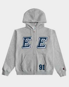 เสื้อฮู้ดซิปผู้ชายสีน้ำเงินกรมท่า ปักลายตัวอักษร E ทรงปกติ สไตล์พรีปปี้ ผ้าฝ้าย 100% เฟรนช์เทอร์รี่ - Product Image 5