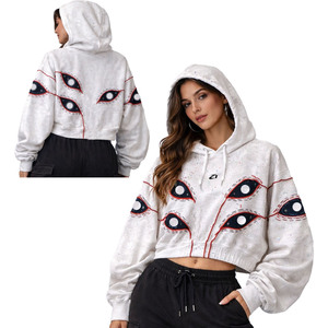 Sweat à capuche court tendance 2026 pour femme, imprimé graphique personnalisé, 100 % coton molletonné, coupe oversize, épaules tombantes, style streetwear - Product Image 1