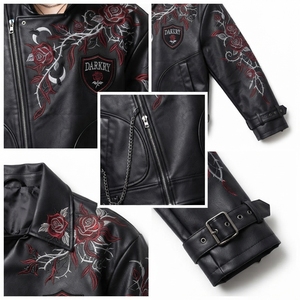 Chaqueta de cuero estilo punk para hombre con bordado floral y cadenas, corte regular, cuello vuelto, para otoño - Product Image 6