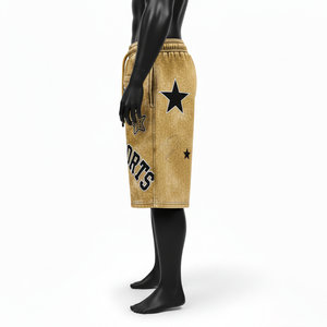 กางเกงขาสั้นผ้าฝ้ายฟลีซพรีเมียม 340 GSM ล้างสีแบบแอซิดวอช สีมัสตาร์ด แต่งโลโก้ปักเชนิลล์สไตล์วินเทจสำหรับผู้ชาย - Product Image 3