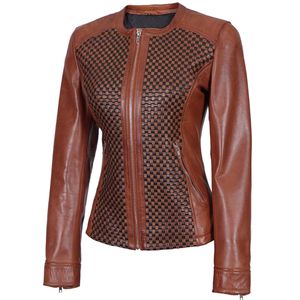 Chaqueta Bomber de Cuero Genuino Marrón para Mujer, Transpirable, Tejida, con Cierre de Cremallera en las Mangas Completas, para Todas las Temporadas - Product Image 1
