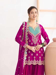 Chinon Silk <b>Mirror</b> Work Kurta Featuring Sequence Embroidered Palazzo Matching Dupatta Accents Three Piece Suit CC T 6000 DC - Product Image 4
