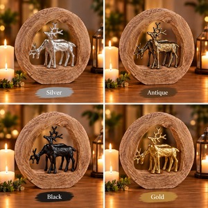 Sculpture de cerf circulaire en bois faite à la main, figurine en métal argenté, décoration de table, décoration rustique de Noël pour le salon, décoration de la maison - Product Image 3