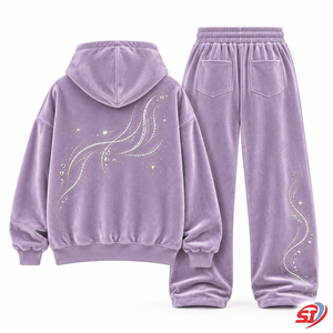 Ensemble de survêtement en velours velours personnalisé Lilac Mirage Street 280 GSM avec sweat à capuche et pantalon ornés de strass et cristaux - Product Image 1
