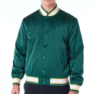 Green Satin <b>Varsity</b> <b>Jacket</b> For Women New Fashionable Stand Closure <b>Plain</b> Dyed Button Closure Decoration Autumn - Product Image 1