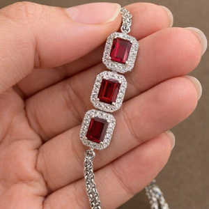 Trendy Everyday Garnet Emerald-Cut Chain <b>Bracelet</b> Rhodium Plated 925 Sterling Silver for Wedding Party Gift Occasions - Product Image 2