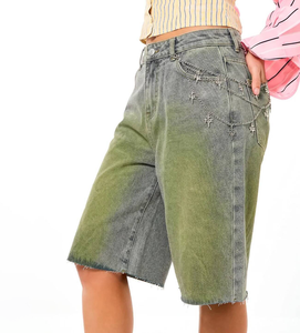 Shorts de mezclilla de cintura alta para mujer, lavado a la piedra, corte holgado, pierna recta, casuales de verano, color caramelo, de algodón con detalles de remaches - Product Image 4