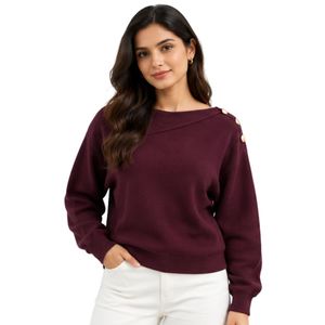 Suéter de Punto Color Vino Tinto Borgoña para Mujer, con Detalle de Botones Dorados en el Hombro, Manga Larga, Cuello Redondo, Informal, para Otoño e Invierno - Product Image 1