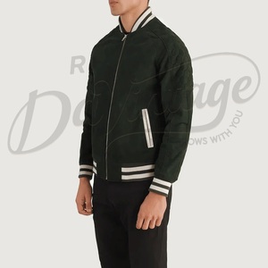 Chaqueta Varsity de Gamuza Verde Bosque Personalizada para Hombre, Chaqueta Bomber con Ribete Acanalado a Rayas, Chaqueta Deportiva de Cuero de Gamuza Premium de Corte Ajustado - Product Image 5