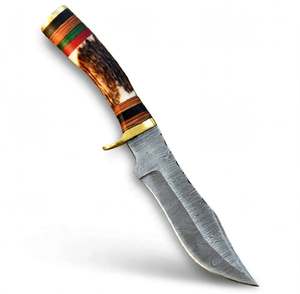 Outil utilitaire d'extérieur artisanal en acier Damas, manche en bois Micarta empilé avec corne de cerf naturelle, garde en laiton - Product Image 2