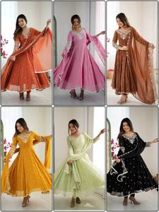 Artisanal <b>Rainbow</b> Sequence Embroidered Anarkali Dress with Matching Bottom & Stole - Product Image 5