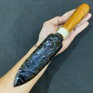 Couteau artisanal en obsidienne avec manche en bois, objet de collection, sculpture décorative - Product Image 2