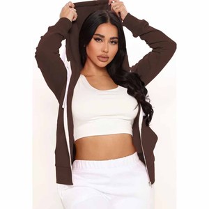 <b>Women</b> Brown Hooded Zipper Sweatshirt <b>Set</b> Solid Color Casual Knitted Full Sleeve Autumn Wear - Product Image 6