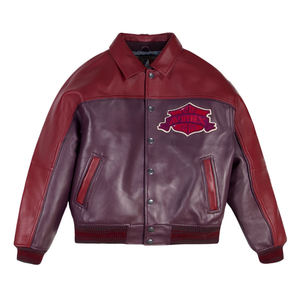Veste universitaire en cuir rouge pour homme, design avec patch brodé, col rabattu, style décontracté, vêtement d'automne - Product Image 1
