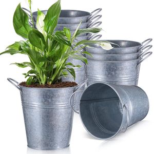Jardinière artisanale en métal galvanisé avec poignée, style ferme, pour extérieur, pots et jardinières décoratifs ronds pour fleurs - Product Image 4