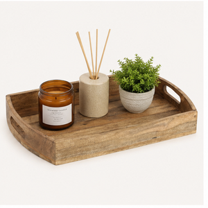 Juego de 3 bandejas de servir apilables de madera de mango rústica hechas a mano, ecológicas, rectangulares, con asas recortadas. - Product Image 4