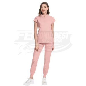 Women's <b>Scrub</b> Sets With V-Neck Top And Jogger Pants In Black <b>Blue</b> Pink For Hospital Use Polyester Knitted Fabric - Product Image 4