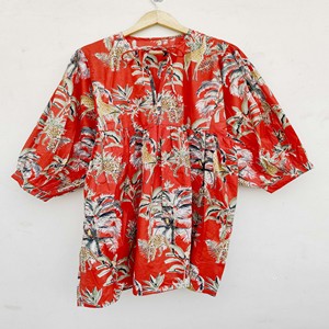 Robe midi décontractée d'été pour femme, imprimé floral, en coton écologique, coupe ample, col noué, manches trois quarts bouffantes - Product Image 2