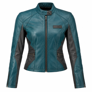 Teal Blue <b>Leather</b> Jacket Womens Dark Charcoal Patchwork Snap Neck Biker <b>Top</b> Zip Pocket Fitted Custom Speedway Rider Outerwear - Product Image 1