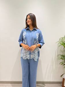 <b>Women's</b> Blue Cotton Embroidered <b>Kurta</b> Set With Floral Design Loose Fit Casual Wear India Pakistan Style All Seasons - Product Image 1