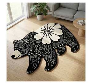 Alfombra de Lana Negra y Blanca Irregular Personalizada, Alfombra de Área Hecha a Mano con Forma de Animal, Alfombra con Forma de Animal, Alfombra 3D con Diseño de Oso y Flores - Product Image 2