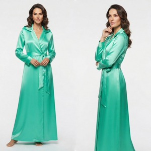 Robe longue en satin pour femmes, manches longues, col rabattu, robe de nuit en soie - Product Image 4