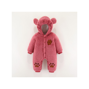 Cute Bear Hooded Faux <b>Fur</b> Footie For Infants Winter Soft Plush Onesie With Applique Face And Snap Closure - Product Image 2