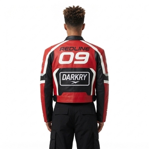 Mens Red Black Leather Motorcycle Biker <b>Racing</b> <b>Jacket</b> Custom Color Block Panel Stand Collar Zip Up Slim Fit Streetwear Coat - Product Image 2