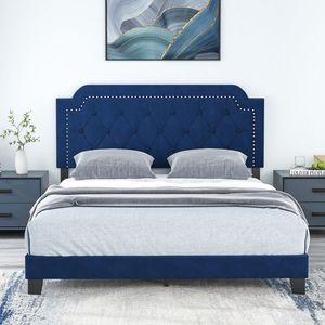 <b>Queen</b> <b>Size</b> Upholstered Platform <b>Bed</b> with Button Tufted and Nailhead Trim Headboard - Product Image 3