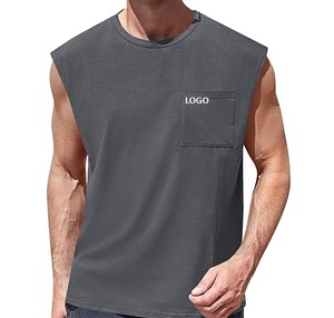 เสื้อกล้ามผู้ชายสีพื้นผ้าฝ้าย เสื้อออกกำลังกายลำลองมีกระเป๋า - Product Image 1