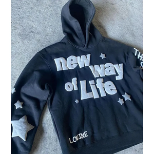 Sweat-shirt à capuche imprimé New Way Of Life pour homme, streetwear, surdimensionné, en coton noir, tricoté, avec logo étoiles sur le devant - Product Image 2