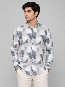 Geometric Print <b>Men's</b> Stand Collar Smart Casual Eco-Friendly Breathable Quick Dry Long Sleeve Button-Up Shirt for Office Wear - Product Image 2