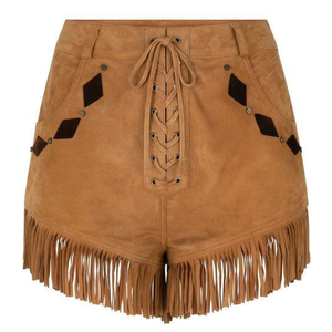 High Waist Suede <b>Shorts</b> With <b>Fringe</b> And Lace-Up Front Bohemian Style Women's <b>Shorts</b> - Product Image 1