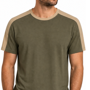 Camiseta Moderna de Manga Raglán Tejida para Hombre, Panel de Contraste en el Hombro, Verde Oliva Caqui, Transpirable y de Secado Rápido - Product Image 2
