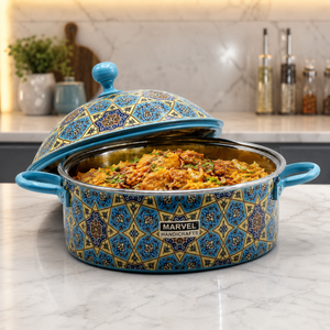 <b>Marvel</b> Handicrafts Premium Blue Geometric <b>Printed</b> Stainless Steel Insulated Casserole Hot Pot Food Warmer Serving Bowl Kitchen - Product Image 3