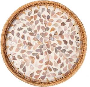 Bandeja con Incrustaciones de Madreperla, Decoración Boho, Bandeja de Mimbre y Ratán con Base de Madera para Frutas, Desayuno, Mesa de Café, Artesanía Vietnamita - Product Image 4