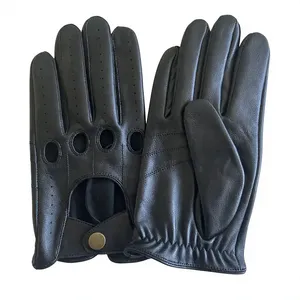 Black <b>Sheepskin</b> Driving <b>Gloves</b> Full Finger Breathable Design Ventilation Holes Secure Snap Closure Outdoor Keeping Warm for <b>Men</b> - Product Image 3