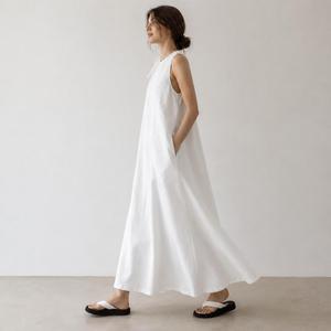 Luxury White Cotton Linen Maxi <b>Dress</b> With Sleeveless O-Neck <b>Loose</b> Fit boho Style Summer Casual Daily Wear - Product Image 5