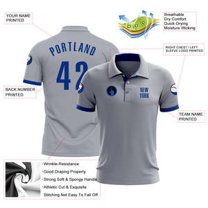 Polo de football gris personnalisé pour homme avec bordure bleue, nom et numéro d'équipe sublimés, évacuation de l'humidité, coupe classique, manches courtes - Product Image 3