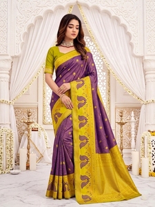 Sari en soie violet et jaune avec motif paon pour femme, longueur ras du sol, sans plis, coupe classique, idéal pour mariage traditionnel indien - Product Image 4