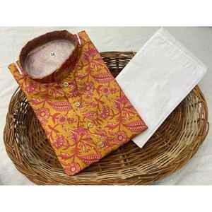 Kurta de hombre de trabajo de impresión digital de algodón de diseñador con payjama en amarillo - Product Image 1